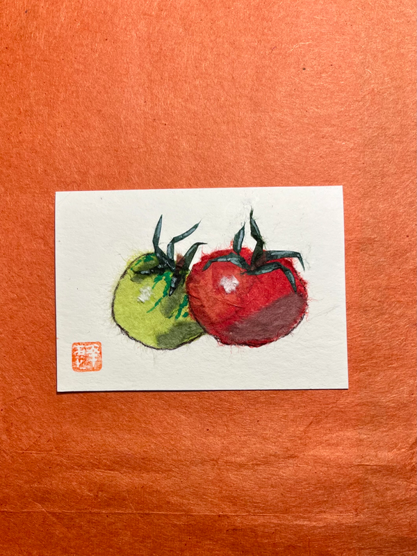 Red and green tomatoes-Japanese Washi art aceo art card