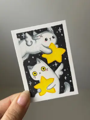 Cat and Bunny in the Stars aceo art card thumbnail 1