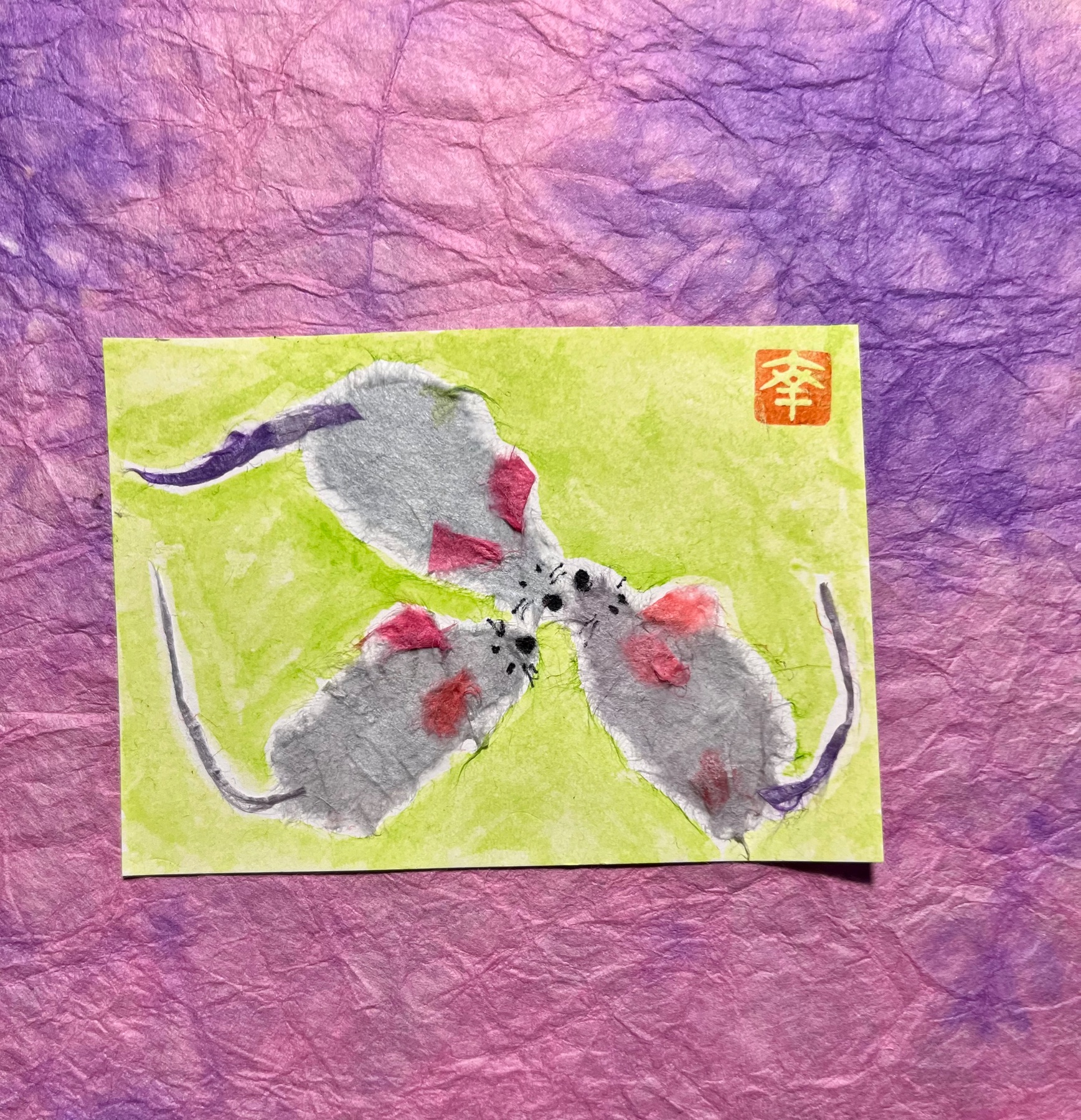 Japanese Washi art - Mice meeting, “what’s up, what’s up?” aceo art card