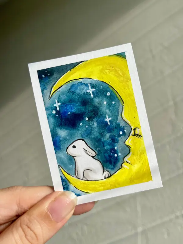 Bunny on the Moon aceo art card