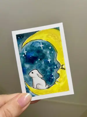 Bunny on the Moon aceo art card thumbnail 2