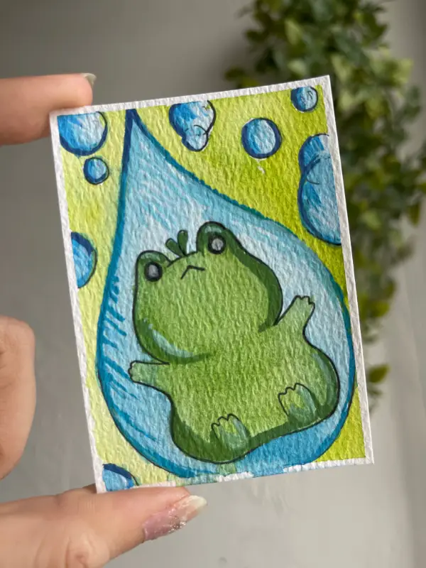 Frog in a Rain Drop aceo art card