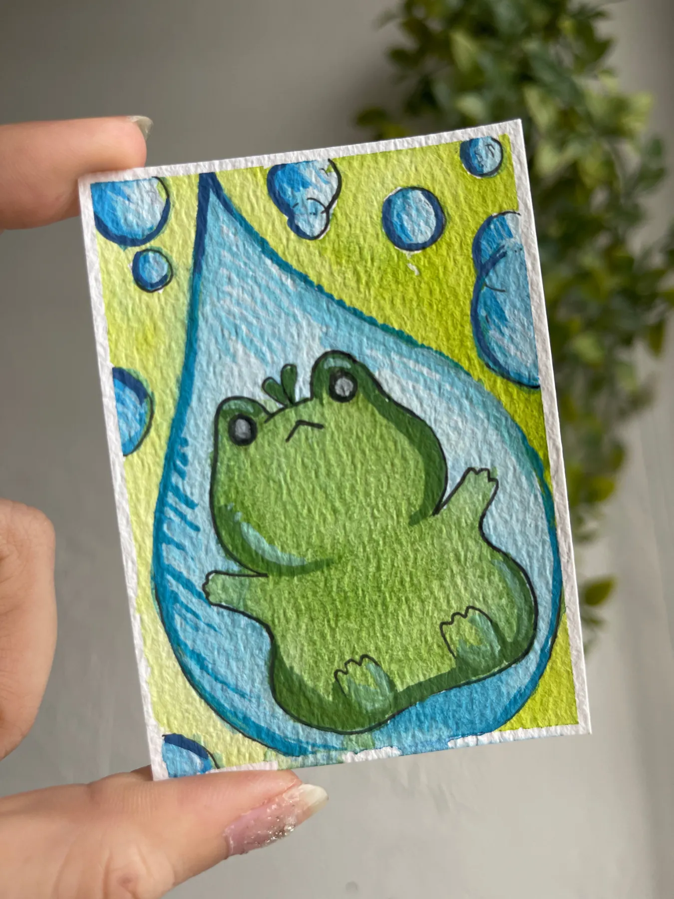Frog in a Rain Drop aceo art card