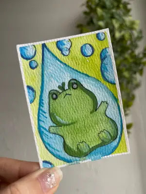Frog in a Rain Drop aceo art card thumbnail 2