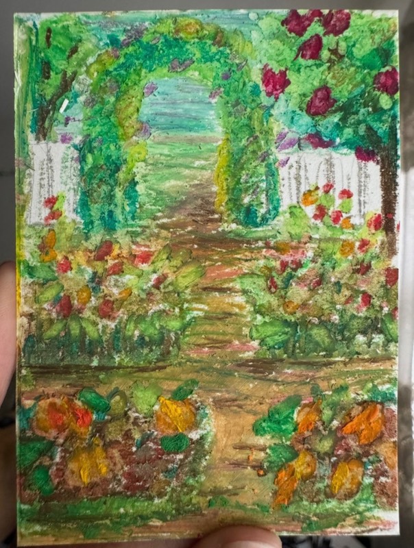 Vegetable garden oil pastel aceo art card