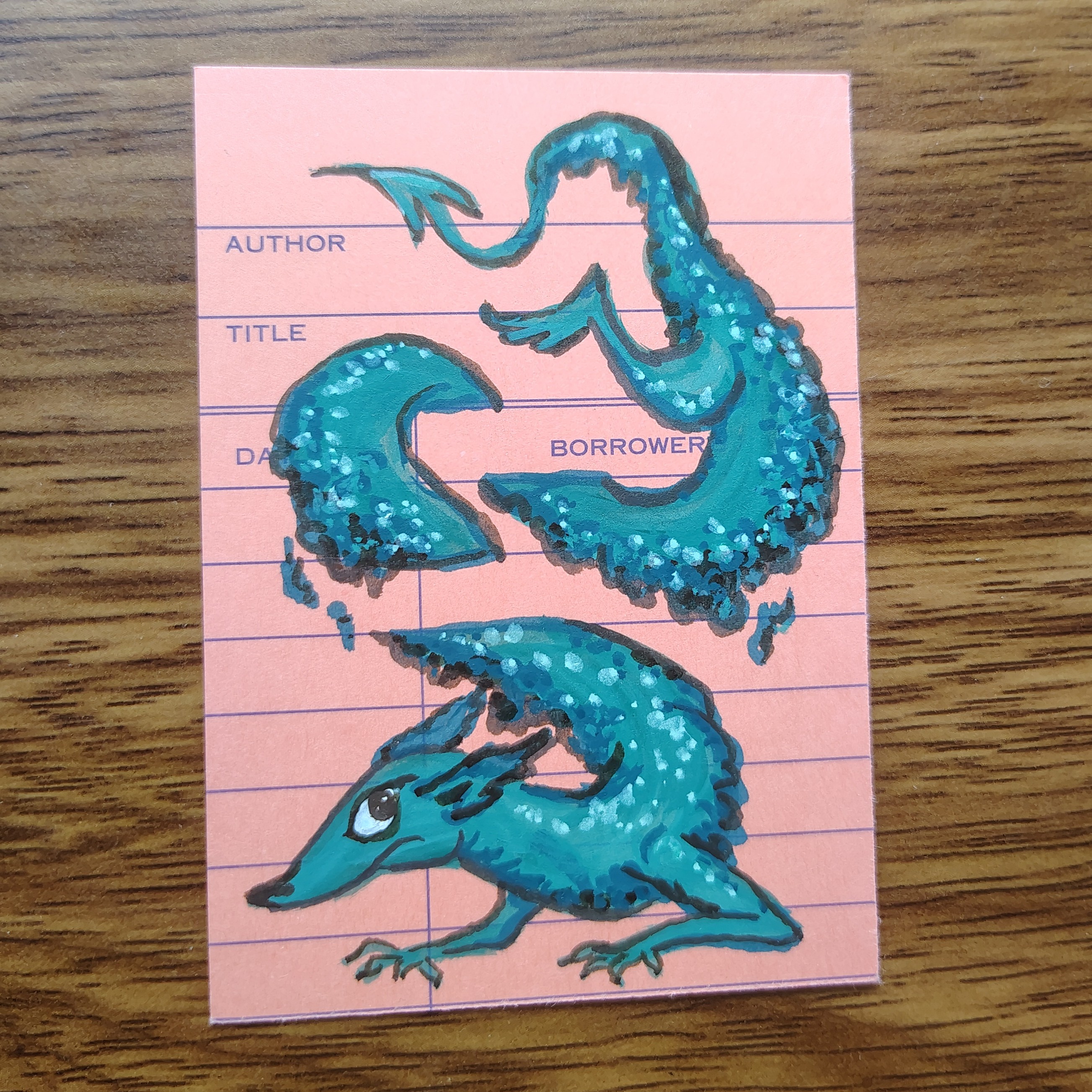 Book Wyrm, or Jabberwocky, acrylic on library card aceo art card