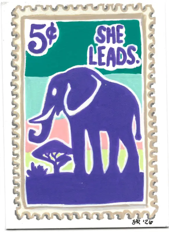 Elephant "She Leads" | GIRL POWER Stamp Collection | Art with Sara Rose aceo art card
