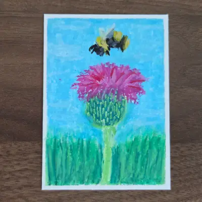 Bee on a Thistle aceo art card thumbnail 2