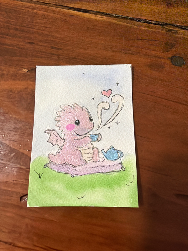 Steamwing – Tea House Dragon | Original Fluffletown ACEO Dragon Miniature Painting aceo art card