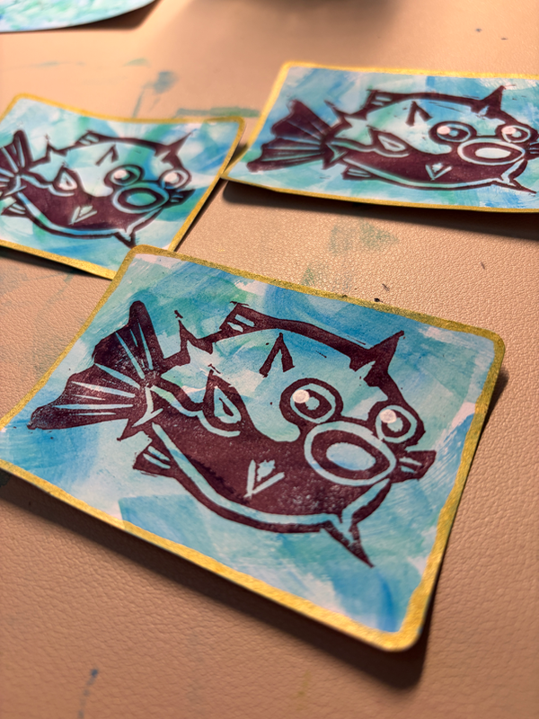 Puffer Fish Linocut aceo art card