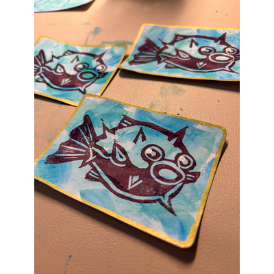 Puffer Fish Linocut aceo art card thumbnail 1