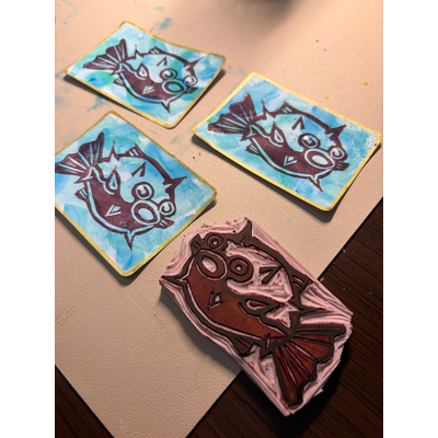 Puffer Fish Linocut aceo art card thumbnail 2