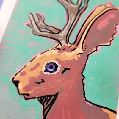 Colorful Cryptids 1/? "Jackalope" aceo art card thumbnail 3