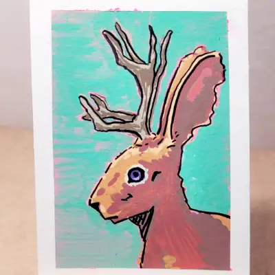 Colorful Cryptids 1/? "Jackalope" aceo art card thumbnail 2