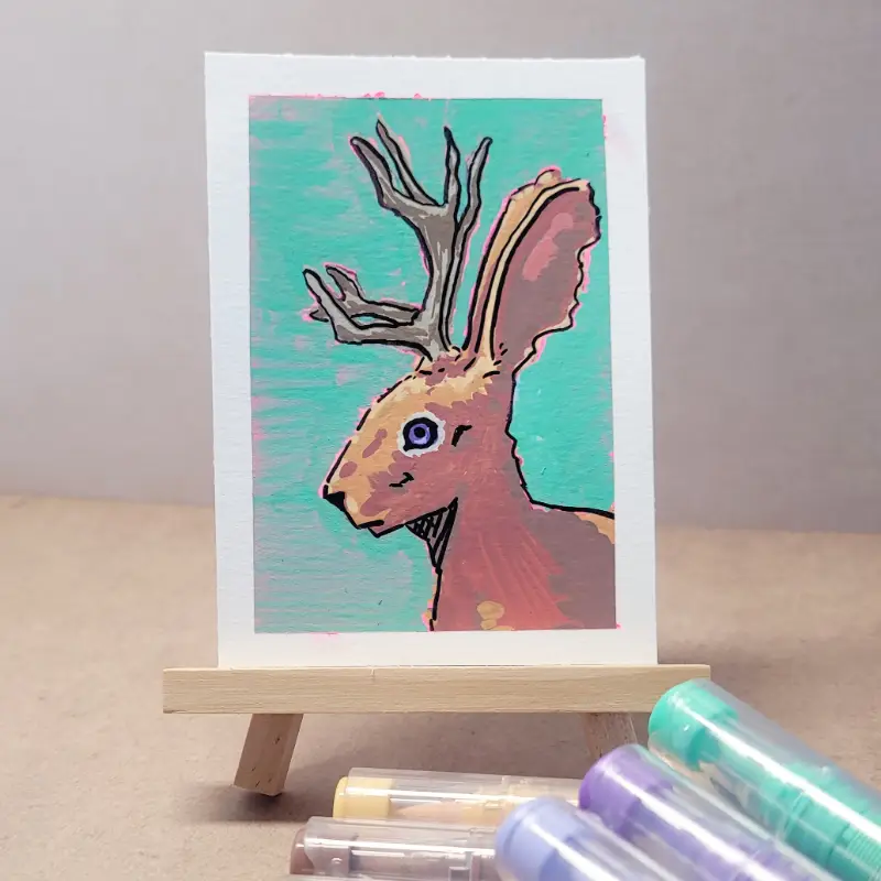 Colorful Cryptids 1/? "Jackalope" aceo art card