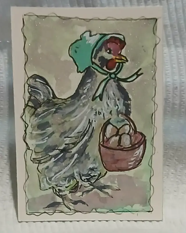 Giftable, Collectible, and Unique – OOAK Watercolor Hen in Green Bonnet with Egg Basket aceo art card