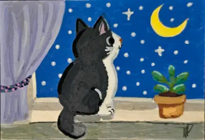 "Stargazer" Cozy Cats Series #4 of 5 aceo art card thumbnail 1