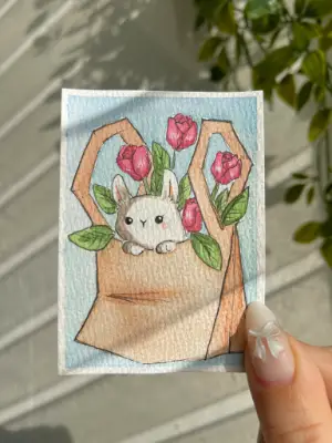 Flower Bunny aceo art card thumbnail 2