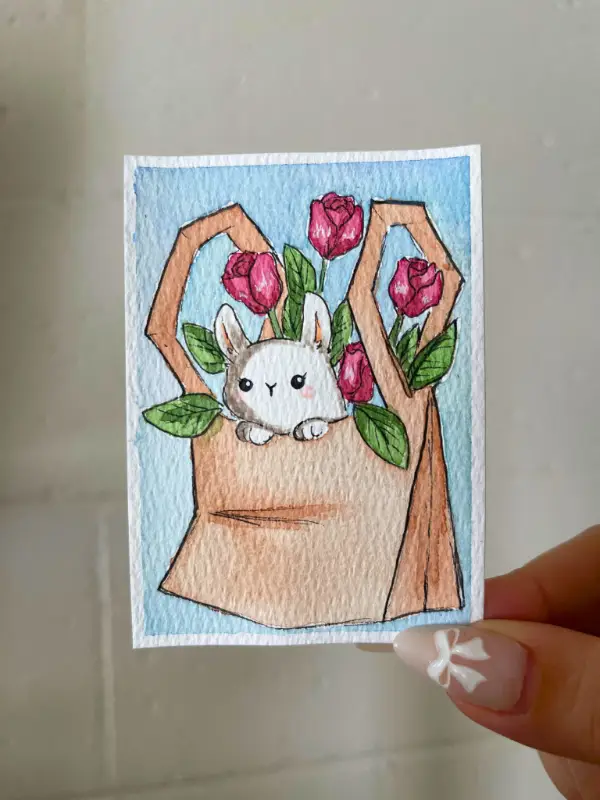 Flower Bunny aceo art card