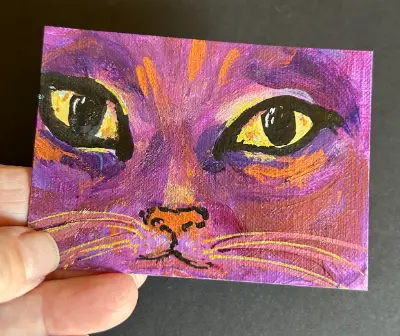 ACEO original tiny painting Cat Closeup: Purple Cat with Copper and Gold by Gale acrylic 2.5x3.5" aceo art card thumbnail 2