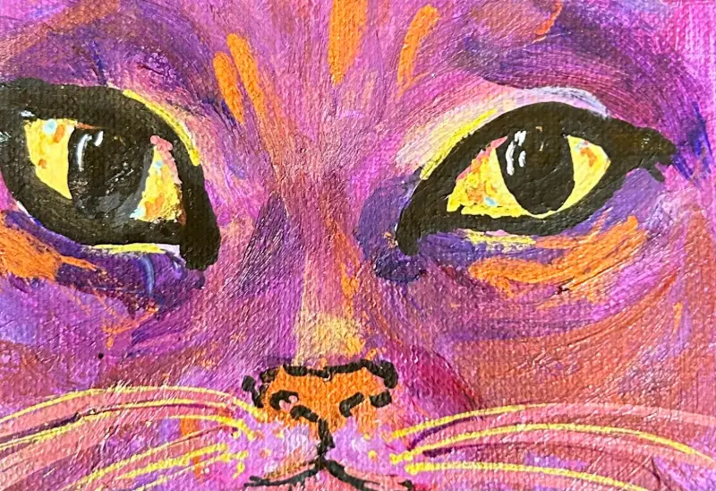 ACEO original tiny painting Cat Closeup: Purple Cat with Copper and Gold by Gale acrylic 2.5x3.5" aceo art card
