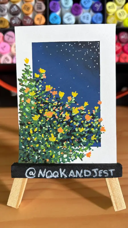 Yellow flowers at night starry sky aceo art card