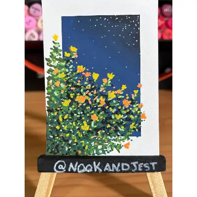 Yellow flowers at night starry sky aceo art card thumbnail 1