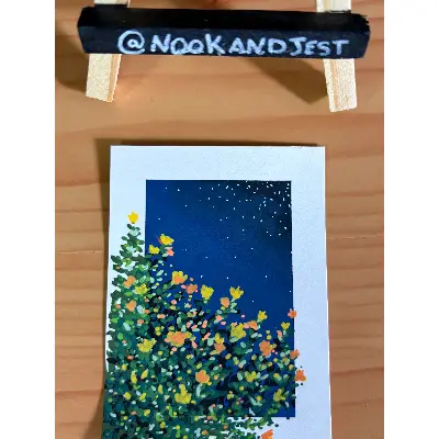Yellow flowers at night starry sky aceo art card thumbnail 2