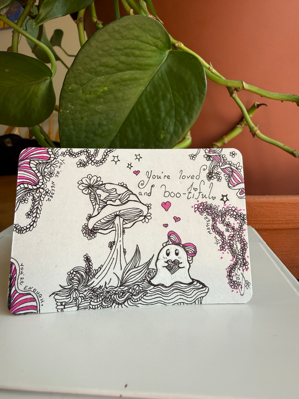 Original Hand-Drawn ACEO, "You're Loved" Ghost & Mushroom, Origin Batch aceo art card