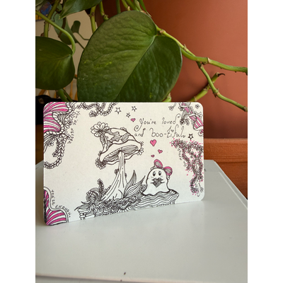 Original Hand-Drawn ACEO, "You're Loved" Ghost & Mushroom, Origin Batch aceo art card thumbnail 2