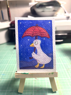 Goose with umbrella aceo art card thumbnail 2