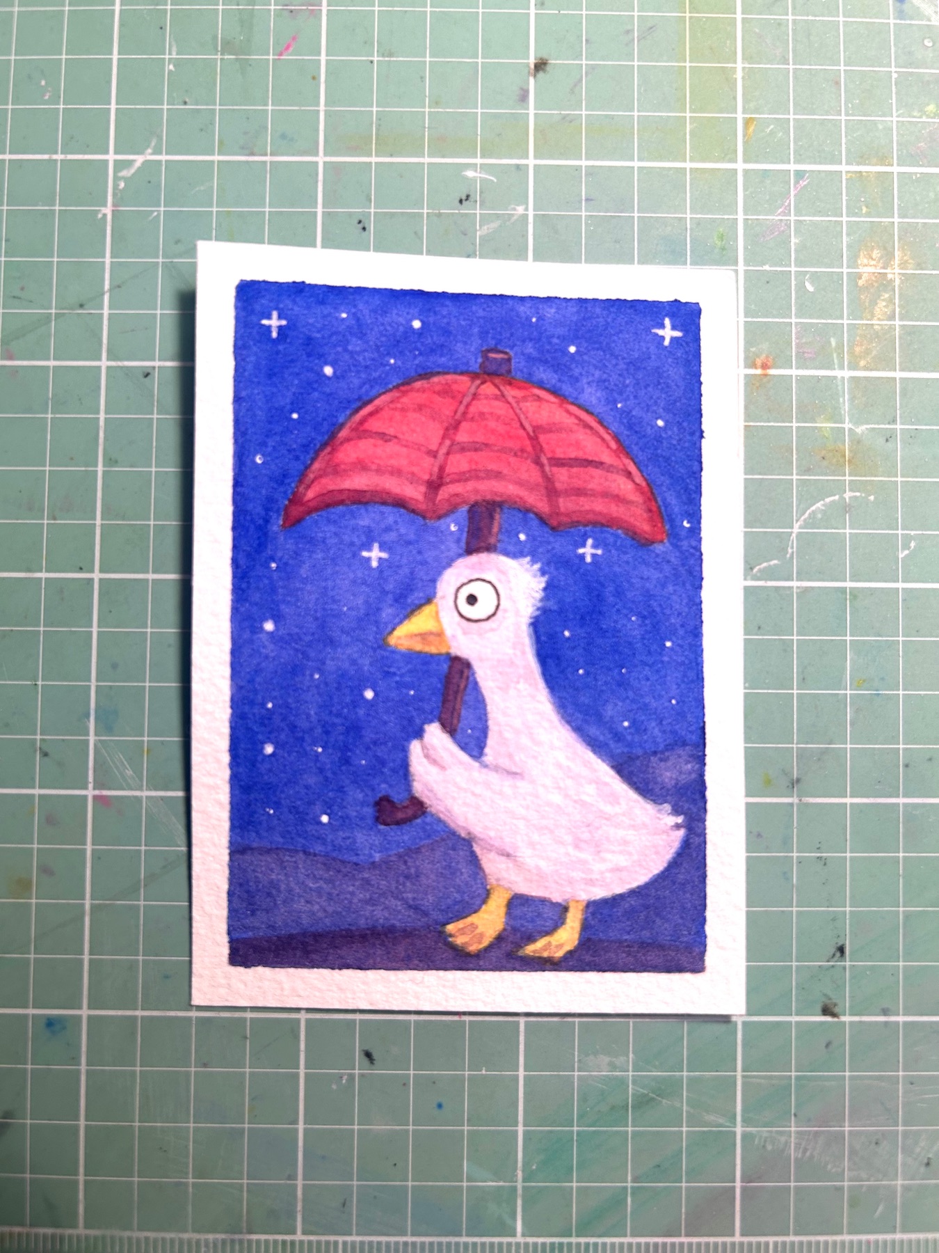 Goose with umbrella aceo art card