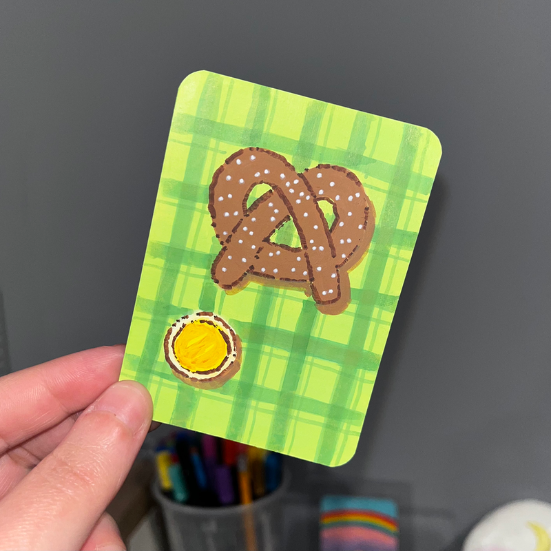 original aceo picnic series 4/5 soft baked pretzel with cheese bbq food green checkered plaid aceo art card