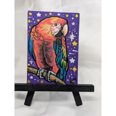 Scarlet "Rainbow Chicken" Macaw on Starry Background aceo art card thumbnail 1
