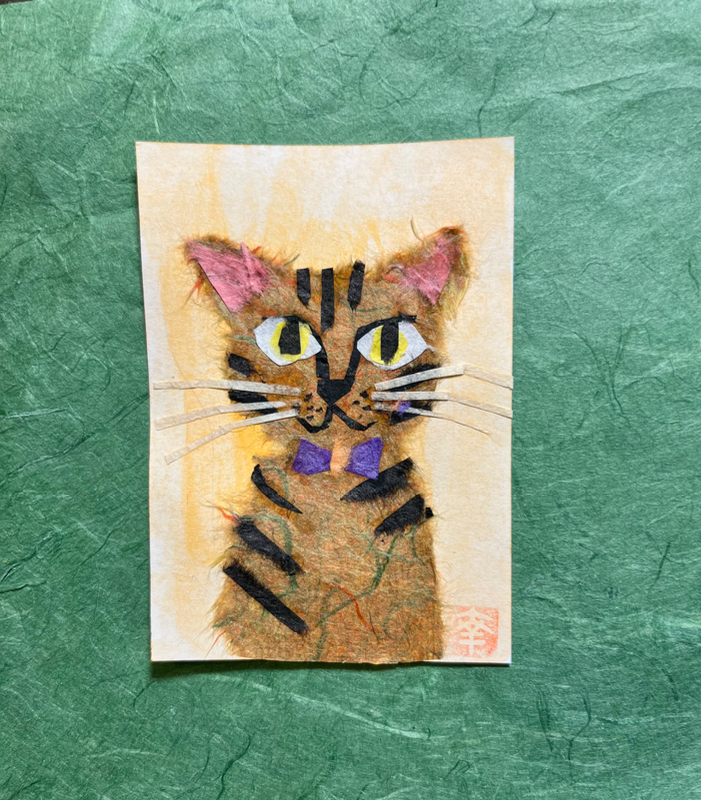Tora, the tiger cat - Japanese Washi art aceo art card