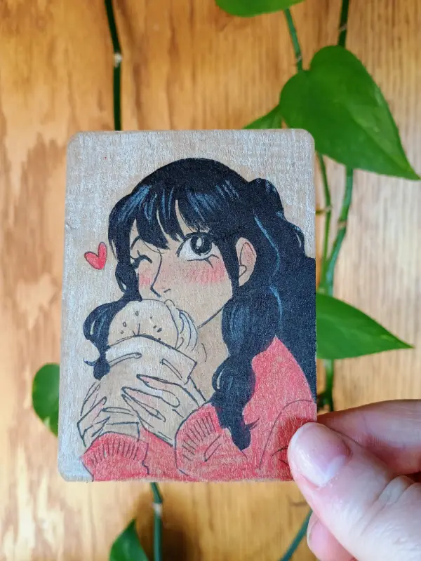 "Cheat Day" - Girl with a burger- ACEO original card signed - Mixed Media aceo art card