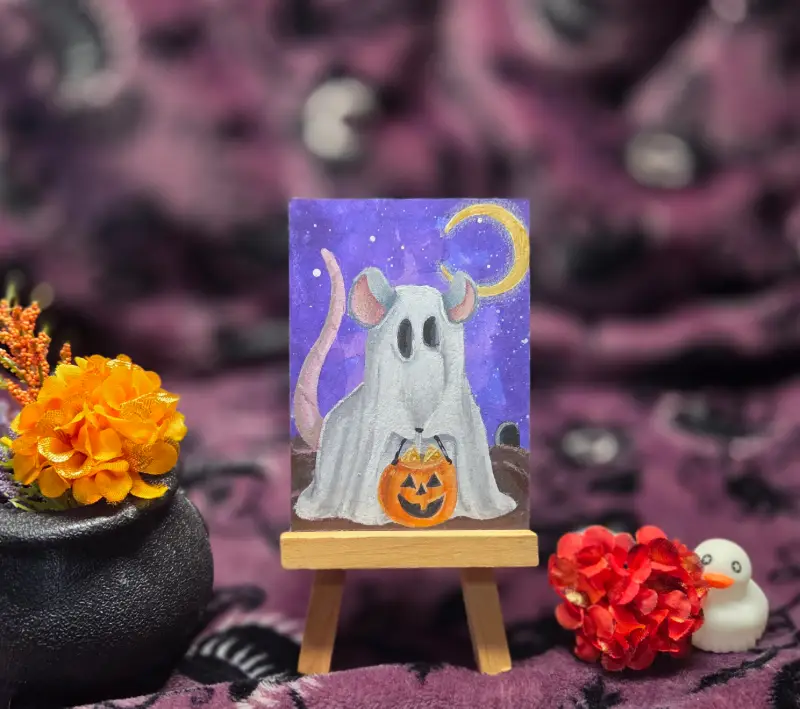 Critter Treats Series Part 7 of 9, Halloween Spooky Cute Mouse Ghost aceo art card