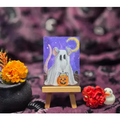 Critter Treats Series Part 7 of 9, Halloween Spooky Cute Mouse Ghost aceo art card thumbnail 1