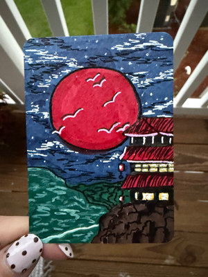 ACEO Original Painting Japanese Red Moon Landscape Mini Pagoda aceo art card thumbnail 2