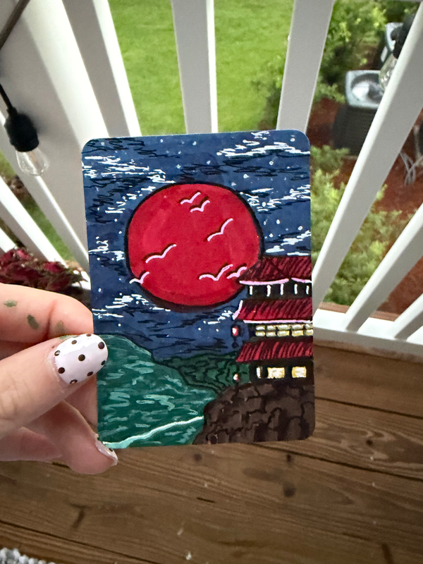 ACEO Original Painting Japanese Red Moon Landscape Mini Pagoda aceo art card
