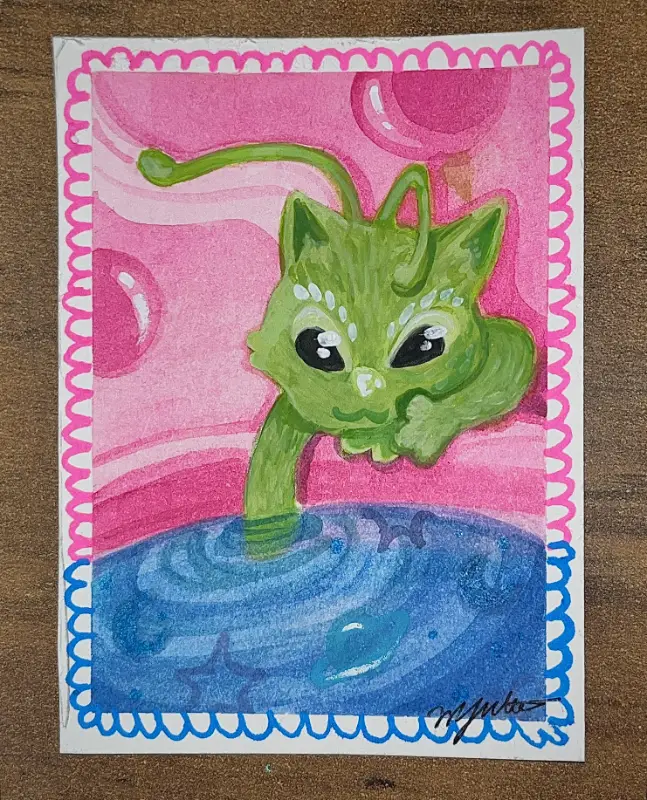 Glorp Alien Space Kitten Cat: Anime Kawaii Style Watercolor Art Card Original Novagaleaceo aceo art card