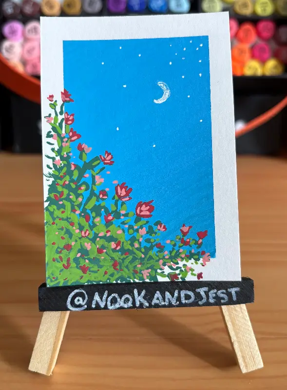 roses and the moon - acrylic marker on bristol paper aceo art card