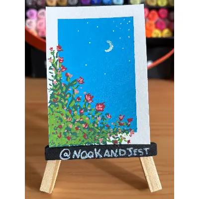 roses and the moon - acrylic marker on bristol paper aceo art card thumbnail 1