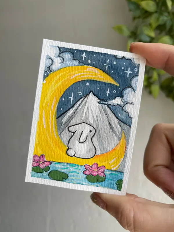 Moon and Bunny aceo art card