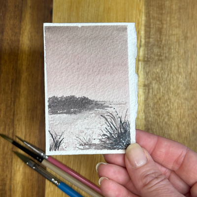 ACEO Watercolor, landscape original, Sky, marsh, pond, monochrome, abstract, “Rose Sky”, 3.5x2.5in, aceo art card thumbnail 1