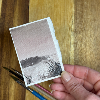 ACEO Watercolor, landscape original, Sky, marsh, pond, monochrome, abstract, “Rose Sky”, 3.5x2.5in, aceo art card thumbnail 2