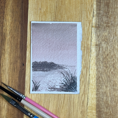 ACEO Watercolor, landscape original, Sky, marsh, pond, monochrome, abstract, “Rose Sky”, 3.5x2.5in, aceo art card thumbnail 3
