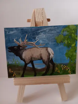 Elk, acrylic 2.5x3.5 OFAK Signed & numbered aceo art card thumbnail 1