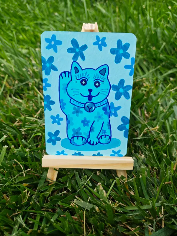 Wishkeeper | Original ACEO Lucky Cat Painting | Blue Maneki Neko Art Card | OOAK aceo art card