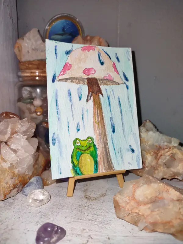 ACEO Original Art Mushroom Umbrella, frogs, Mushrooms, Cottagecore, Whimsy, Watercolors aceo art card